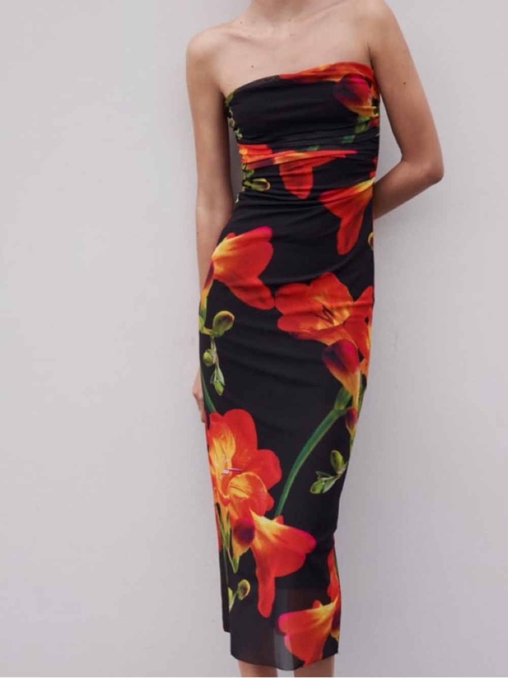 Zara Strapless Black Midi Dress with Red Floral Print